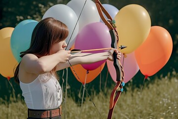 woman with recurve bow shooting at a lineup of balloons