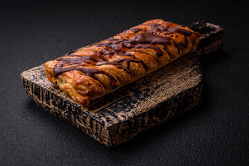 Delicious crispy sweet puff pastry with chocolate and salted caramel