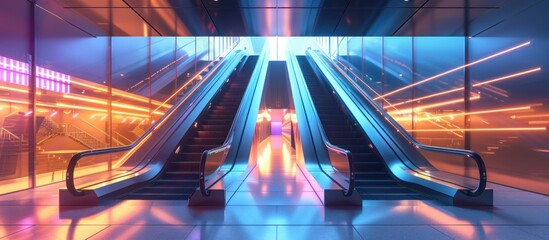 Futuristic escalator in office building with neon light. AI generated image
