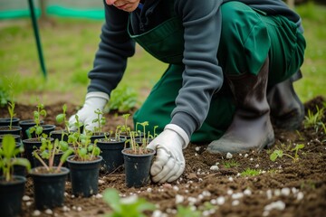 gardener kneeling and planting seedlings