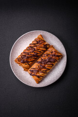 Delicious crispy sweet puff pastry with chocolate and salted caramel