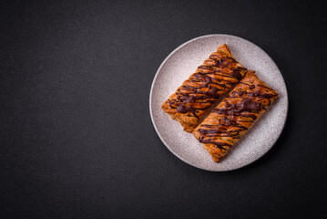Delicious crispy sweet puff pastry with chocolate and salted caramel