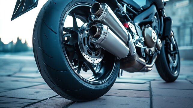 The rear wheel of a powerful sports bike has a chrome tailpipe. 