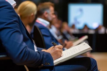 professional taking notes during a keynote speech