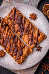 Delicious crispy sweet puff pastry with chocolate and salted caramel