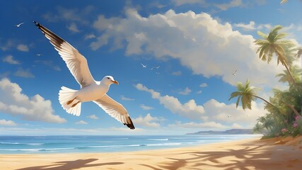 Swift Seagull gliding gracefully over a sun kissed Beach, seagull in the sky