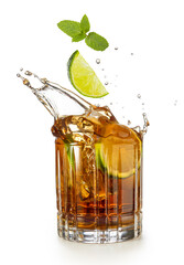 Lime wedge and mint falling into a splashing glass of rum and coke isolated on white background.