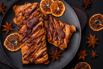 Delicious crispy sweet puff pastry with chocolate and salted caramel