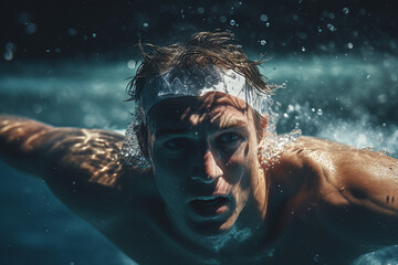 Swimmer's Gaze: Focused and Determined Athlete Cutting Through Water, Competitive Swimming and Dynamic Motion Concept