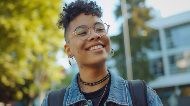 Portrait of a non-binary college student smiling on campus