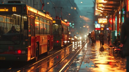 Obraz premium Close-up of a busy bus station, commuters, buses, ticket counters, detailed surroundings, realistic lighting, photorealistic depiction Generative AI