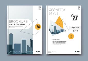 Abstract a4 brochure cover design. Ad text frame. Urban city view font. Title sheet model. Modern vector front page. Brand logo. Banner texture. Black, white triangle, Yellow line icon. Flyer fiber