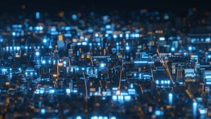 Futuristic city in light tail communication network concept.