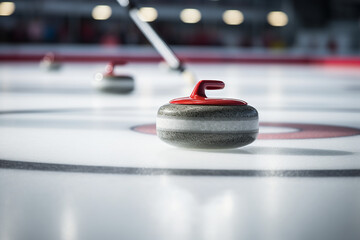 Curling Stone Centered on Ice with Player in Action in Background: Focus on Skill, Targeting Strategy, and Curling Competition Concept - obrazy, fototapety, plakaty