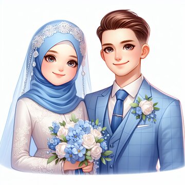 2d illustration with watercolor design style of cute Muslim wedding couple