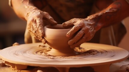 Close-up of skilled hands shaping a clay pot on a pottery wheel, precise movements, detailed fingers, clay spinning cinematic Generative AI