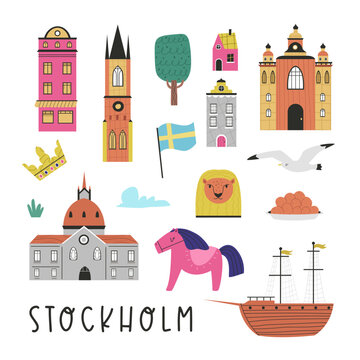 Colorful image, frame art, design with buildings, landmarks, symbols of Stockholm city, Sweden