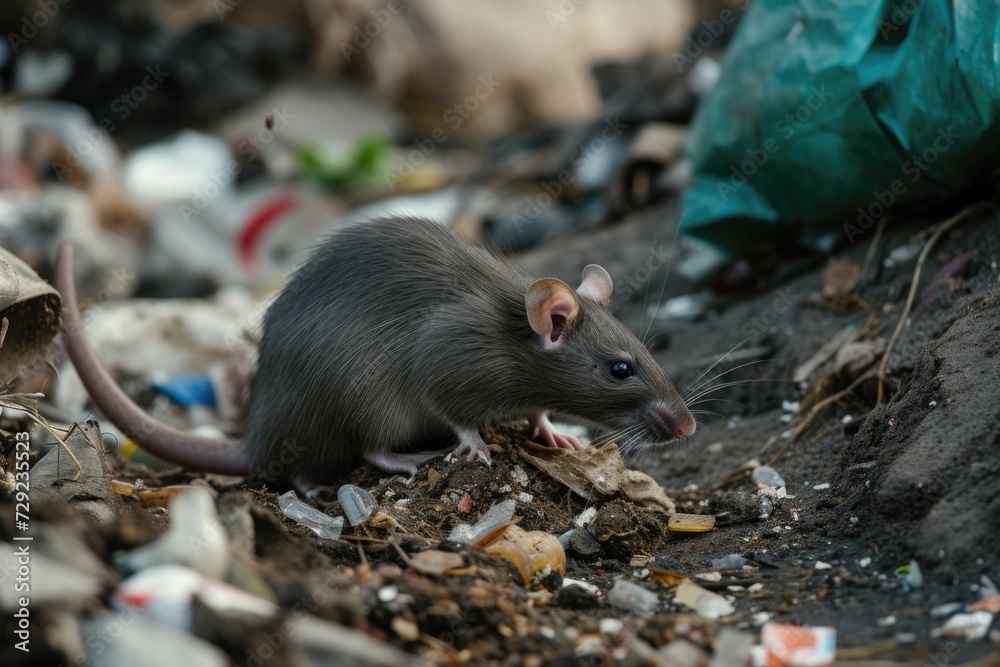 Poster A rat sitting on top of a pile of trash. Suitable for depicting urban decay and filth