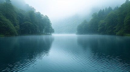 霧のかかった湖