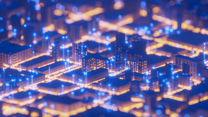 Futuristic buildings facade of an modern imaginative cyber technology city with bokeh effect.