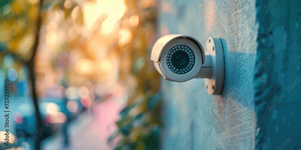 Poster a security camera mounted on the side of a building. can be used for surveillance and monitoring pur