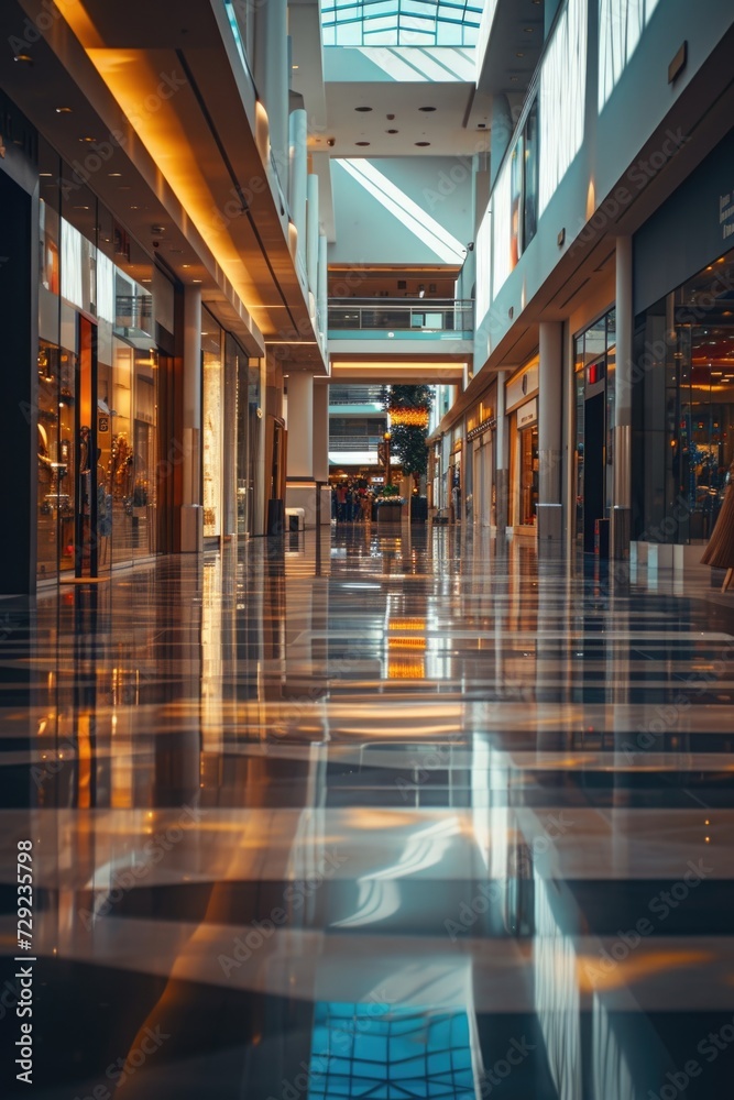 Poster An empty shopping mall with a checkered floor. Perfect for showcasing retail spaces or highlighting the concept of consumerism.