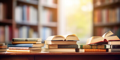 Fototapeta premium Stack of Books and cantovars on wooden table and blurred bookshelf in library room.