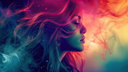 The gradient smoothly merges with the subject's hair, the girl's beautiful face in profile. The vibrant and dynamic nature of the mind and dreams.