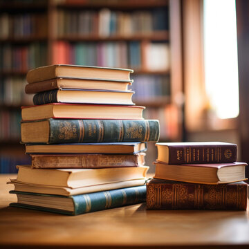 Stack of Books and cantovars on wooden table and blurred bookshelf in library room.