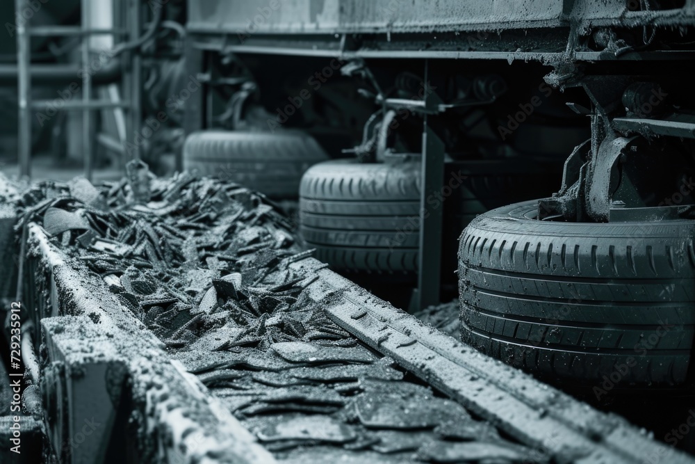 Poster a black and white photo of a conveyor belt. can be used to depict industrial processes or automation