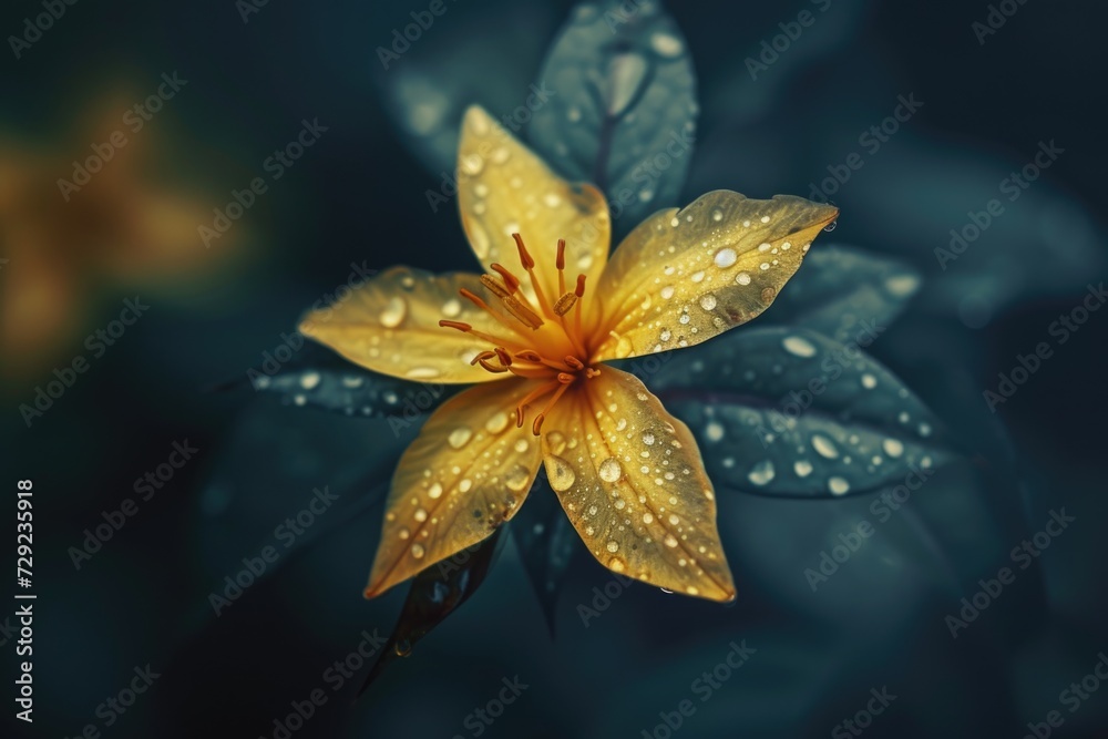 Poster a beautiful yellow flower covered in sparkling water droplets. perfect for adding a touch of nature 