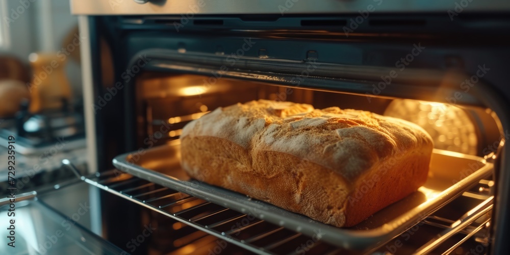 Poster A loaf of bread baking in the oven. Perfect for food and cooking-related projects