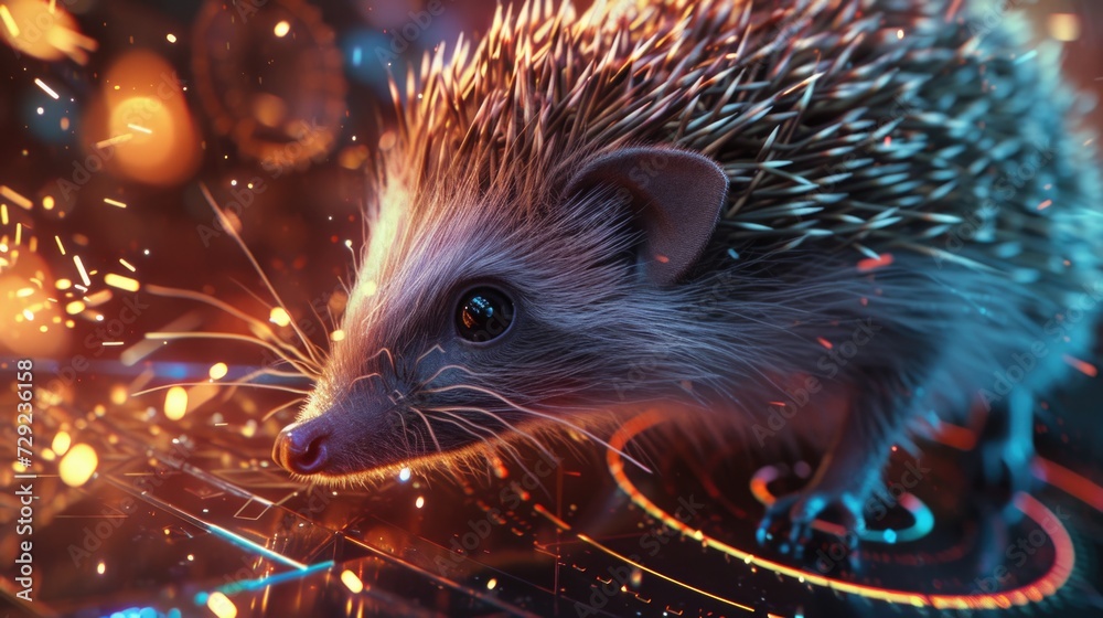 Poster a cute hedgehog holding sparklers in its mouth. perfect for adding a touch of fun and excitement to 
