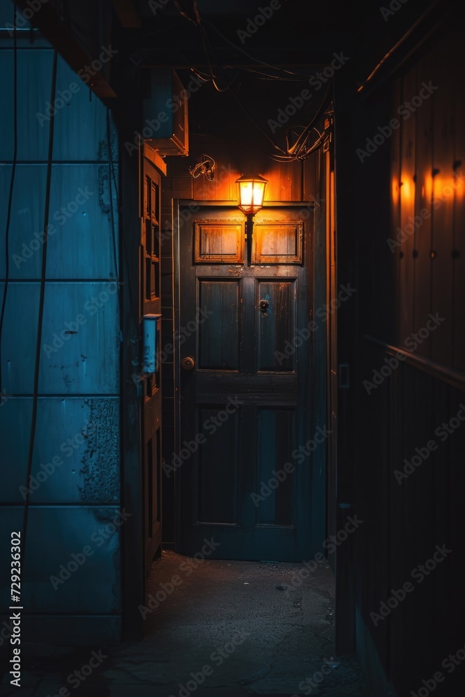 Poster A dark room with a door and a single light source. Versatile image suitable for various concepts and themes