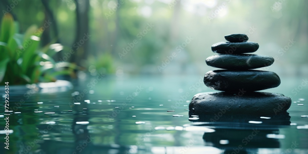 Poster A stack of rocks sitting on top of a body of water. Ideal for adding a natural and serene touch to any project
