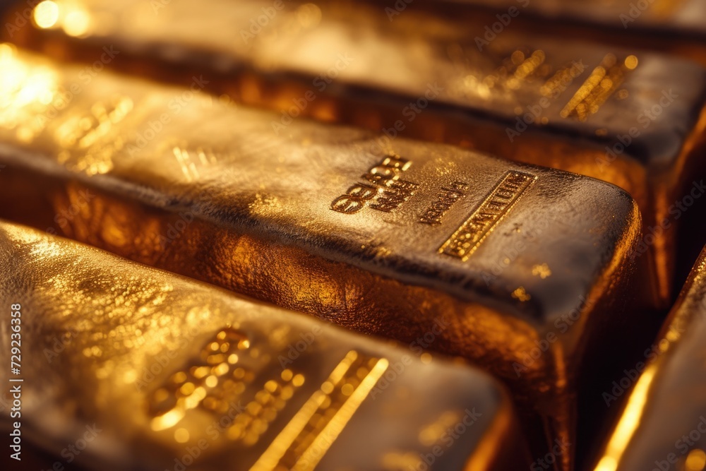 Poster a pile of gold bars stacked on top of each other. perfect for financial concepts and wealth-related 