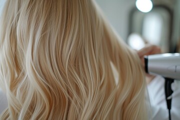 Fototapeta premium A woman blow drying her long blonde hair. This picture can be used for haircare advertisements or beauty blog posts
