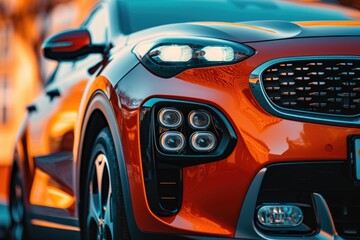 Fototapeta premium A detailed close-up view of the front of a car. This image can be used for automotive-related articles, car reviews, or in advertisements for car parts and accessories