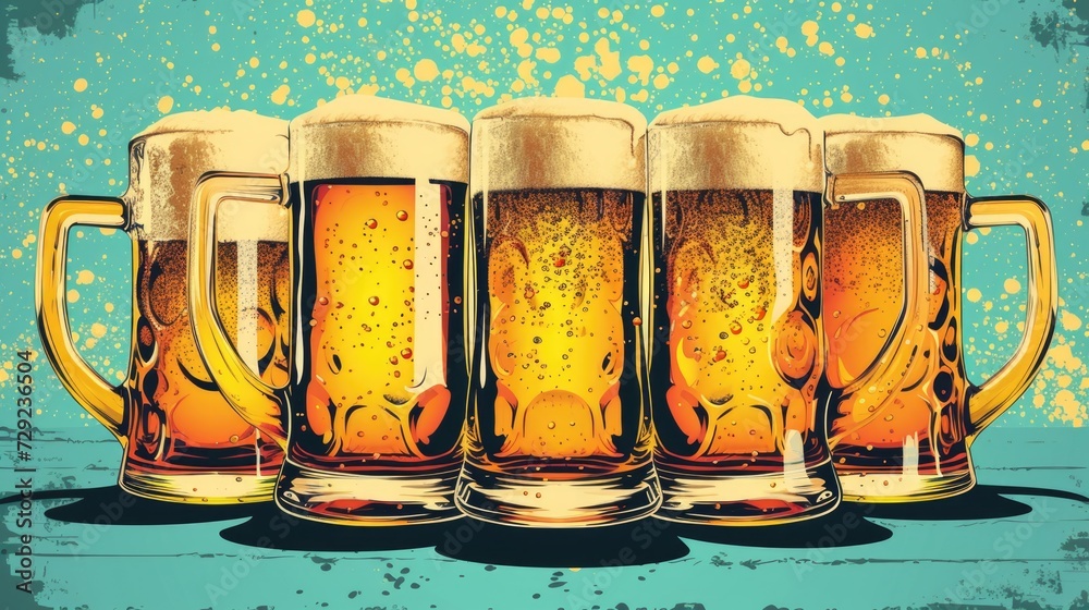 Poster a row of beer glasses filled with beer. perfect for bar menus or brewery promotions