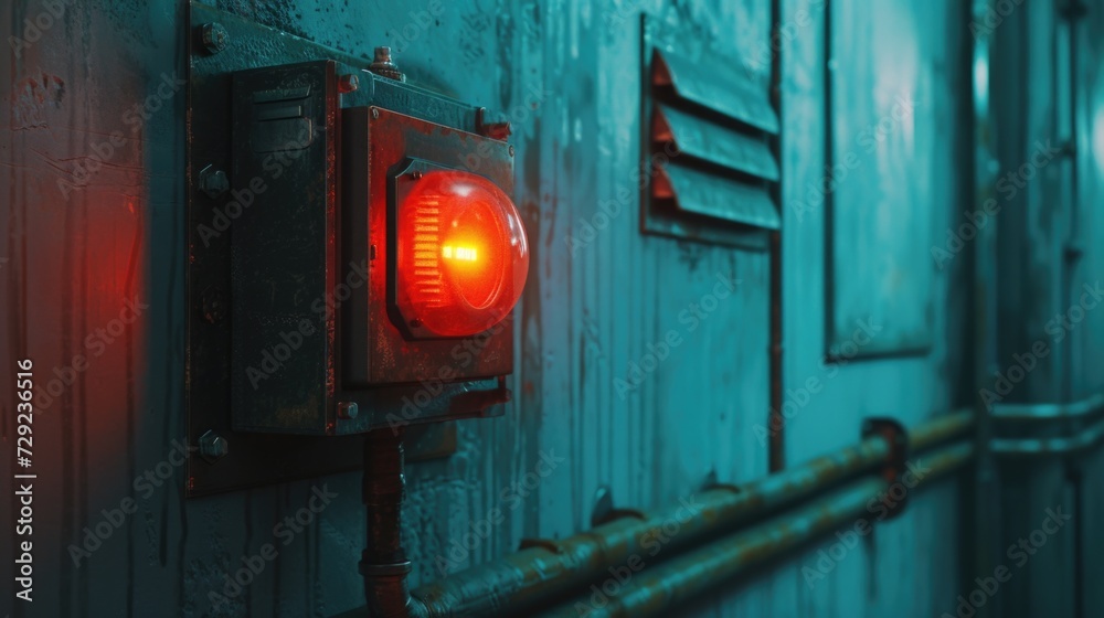 Poster A close up shot of a red light illuminating a wall. This image can be used to represent danger, warning signs, or as a background element in various designs