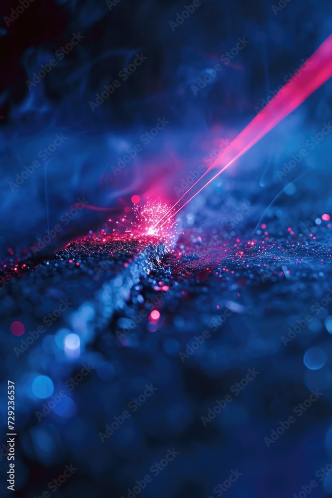 Poster red laser beam shining on a sleek black surface. versatile image suitable for technology, science, o