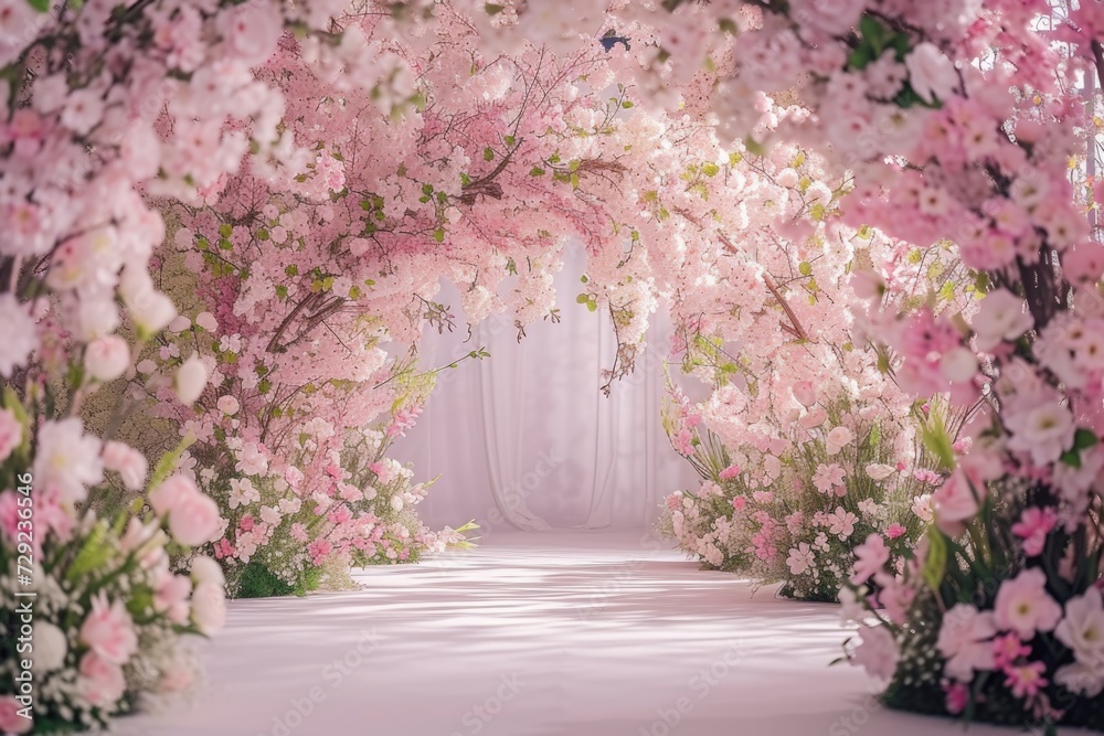 Poster a beautiful tunnel of pink and white flowers in a garden. perfect for adding a touch of romance and 