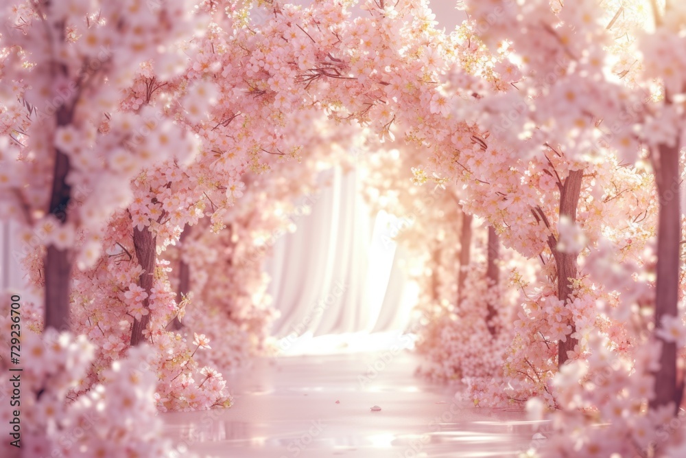 Poster a picturesque pathway lined with beautiful pink flowers and trees. perfect for adding a touch of bea