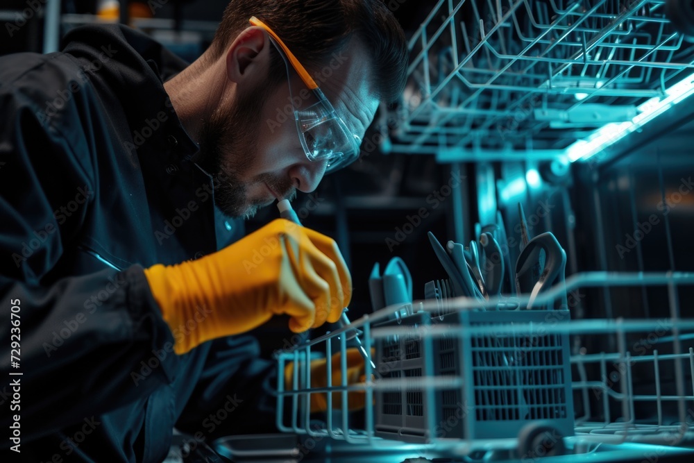 Poster A man in a lab coat and goggles is working on a dishwasher. This image can be used to illustrate appliance repair or maintenance
