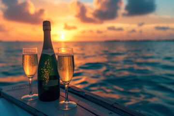 Champagne toast at sea sunset