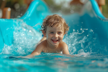 Fototapeta na wymiar Toddler enjoying water slide