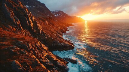 Coastal enchantment, drone's perspective, sun on horizon, breathtaking vistas, immersive and detailed sunset over Norwegian fjords Generative AI