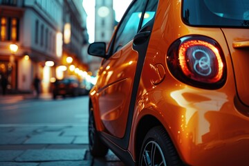 A compact, fuel-efficient orange Smart car parked on a bustling city street. Perfect for automotive or urban lifestyle themes - obrazy, fototapety, plakaty