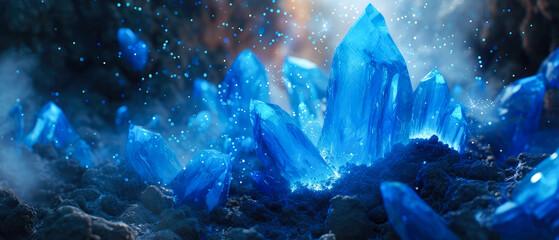 Fototapeta premium Blue, navy stone,crystals. Textured background with particles, lights. Diamond, gevel illustration. Generative ai.