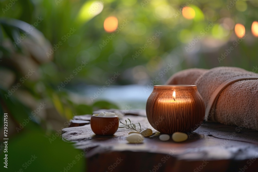 Poster A simple yet elegant arrangement of a candle and towels on a table. Perfect for adding a cozy touch to any space